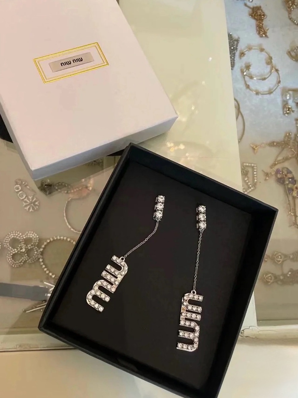 Miu Miu Silver Crystal Logo Drop Earrings